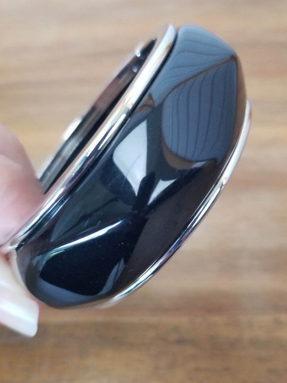 Chunky Black Resin Hinged Bangle Bracelet Silver Trim Wavy Faceted Retro Style